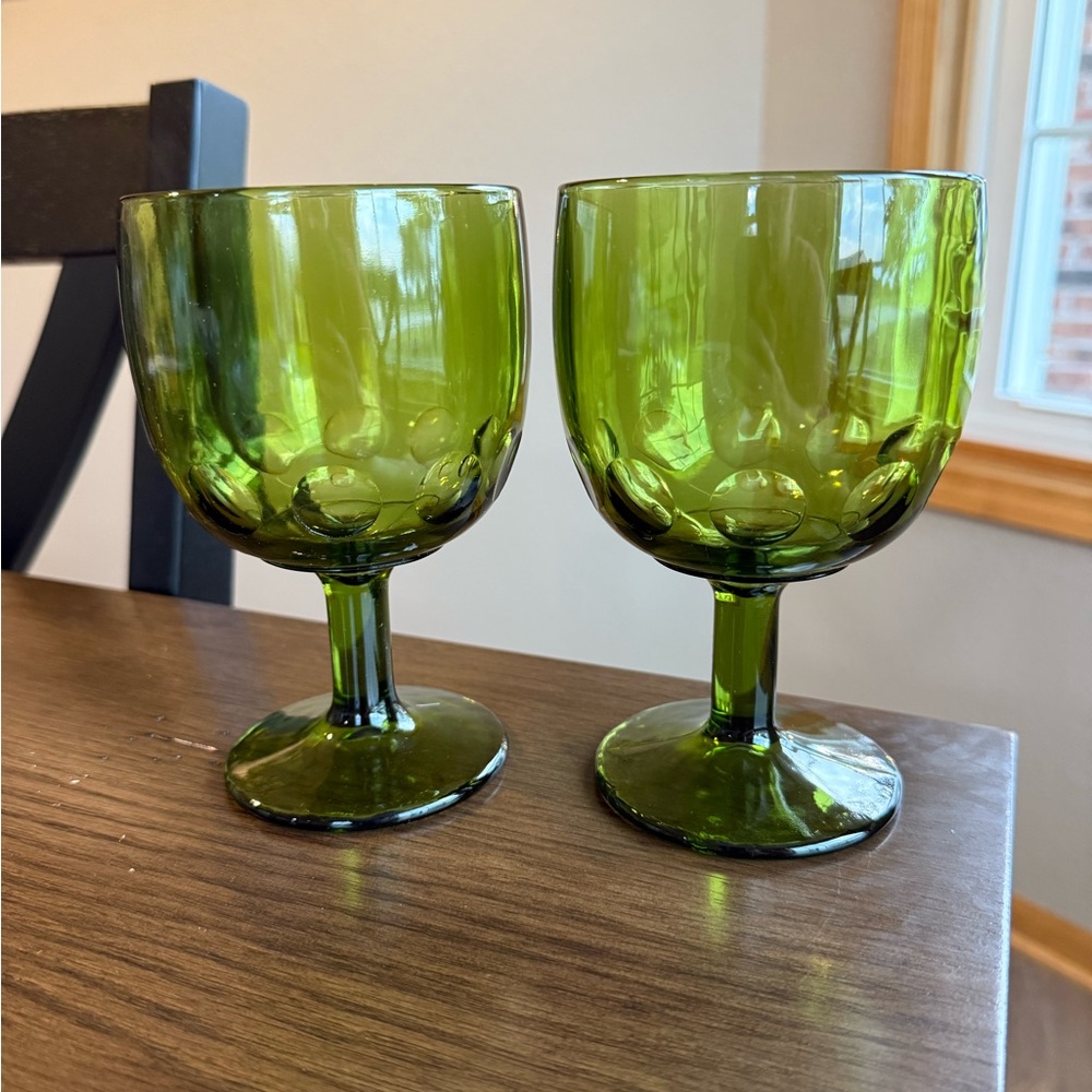 Vintage Bartlett Collins Avocado Green Thumbprint Glass Goblet Set of 2